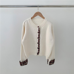 チェックバイカラーボタンニットカーディガン