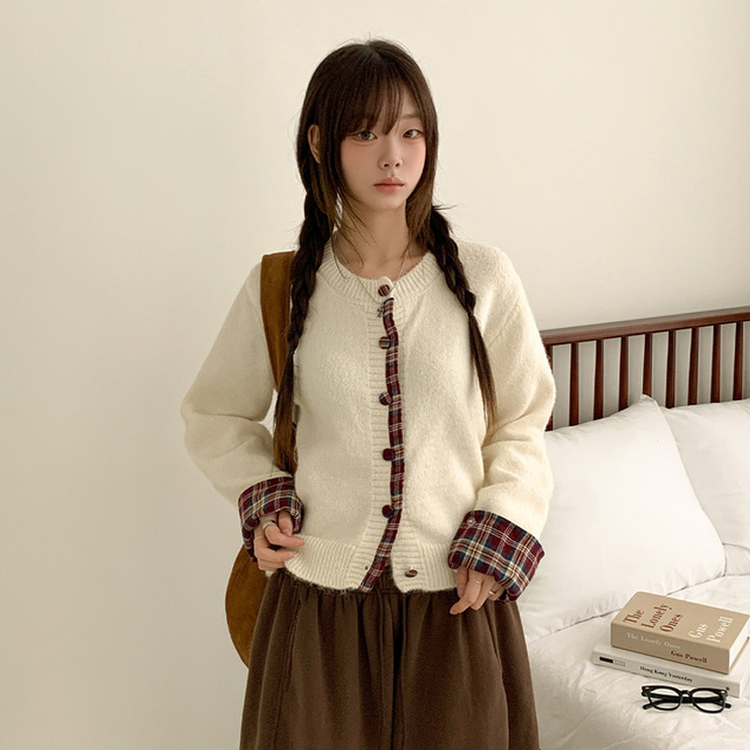 チェックバイカラーボタンニットカーディガン IVORY