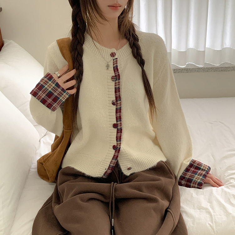 チェックバイカラーボタンニットカーディガン IVORY