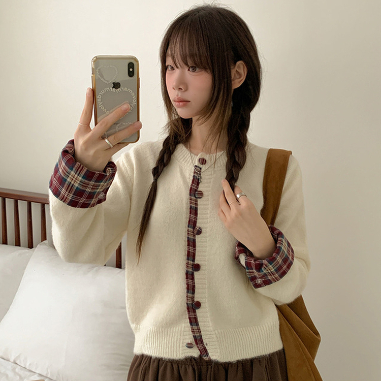 チェックバイカラーボタンニットカーディガン IVORY