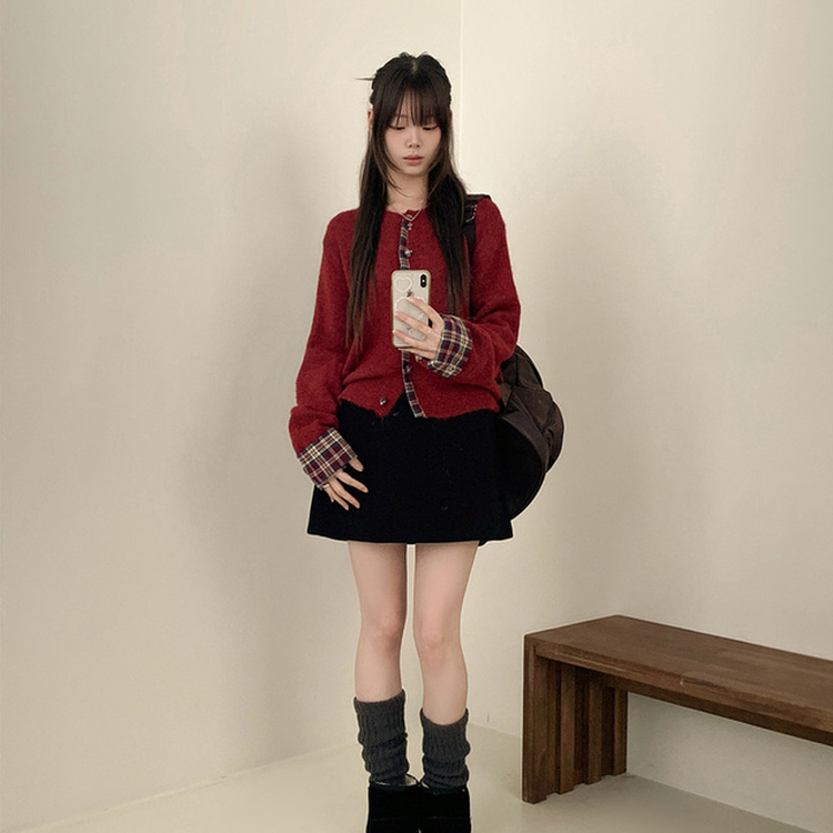 チェックバイカラーボタンニットカーディガン RED