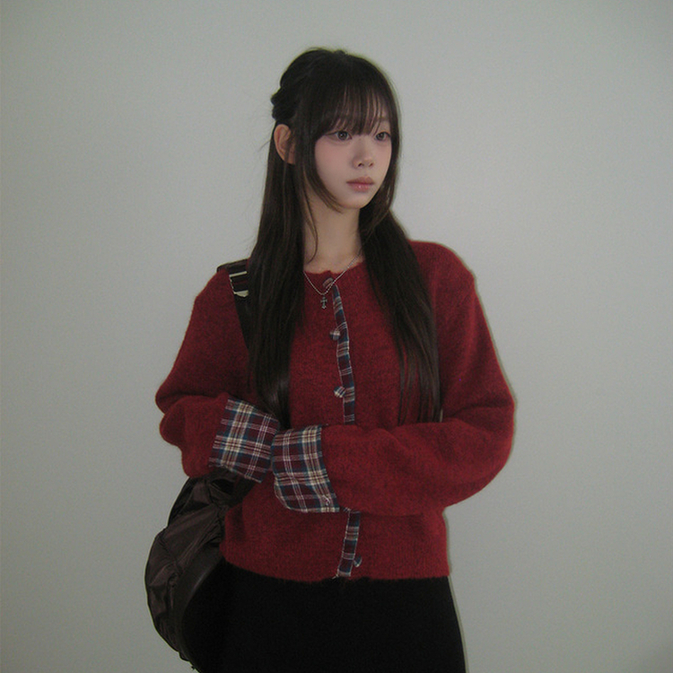 チェックバイカラーボタンニットカーディガン RED