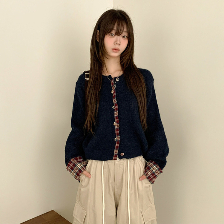 チェックバイカラーボタンニットカーディガン NAVY