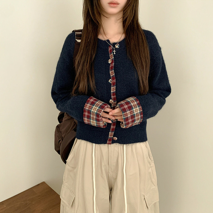 チェックバイカラーボタンニットカーディガン NAVY