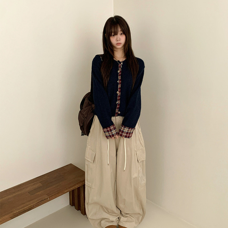 チェックバイカラーボタンニットカーディガン NAVY