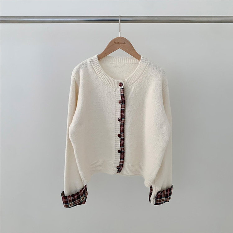 チェックバイカラーボタンニットカーディガン