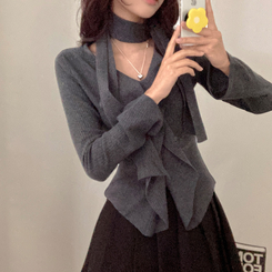 [연말룩강추/허얇골넓!] 아펠 러플 머플러 set 트임 골지 니트 차콜