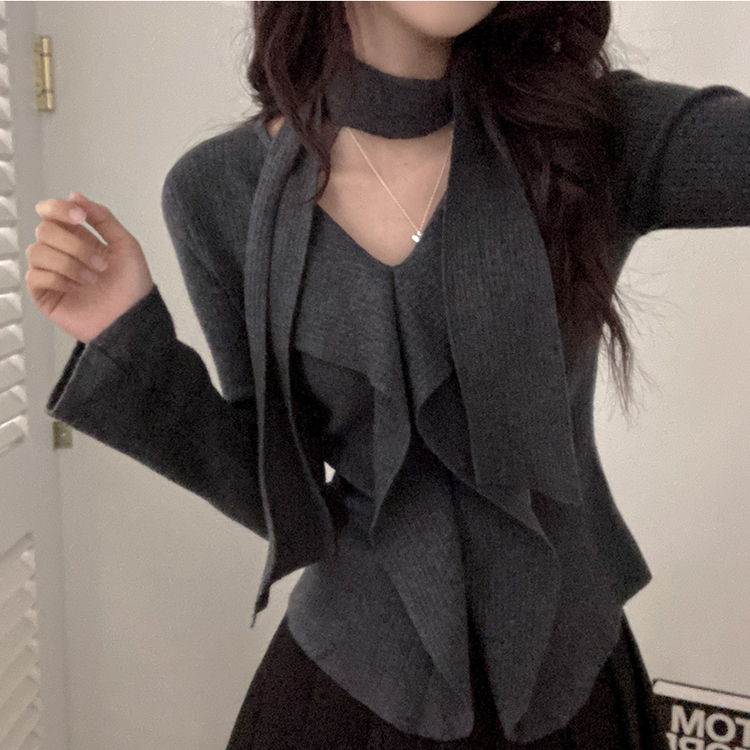 [연말룩강추/허얇골넓!] 아펠 러플 머플러 set 트임 골지 니트 차콜