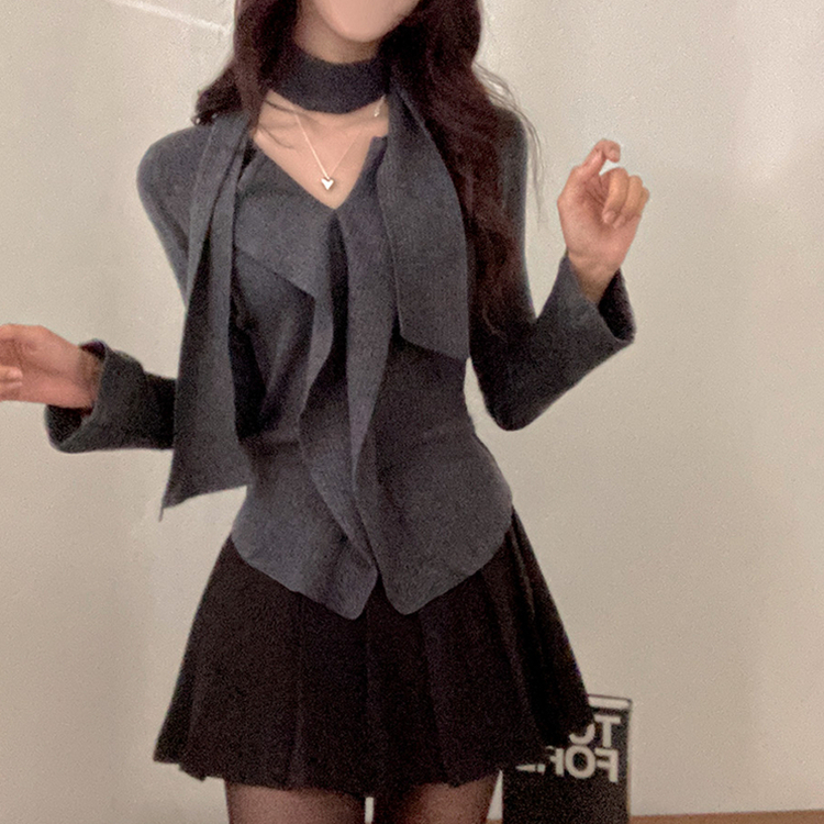 [연말룩강추/허얇골넓!] 아펠 러플 머플러 set 트임 골지 니트 차콜