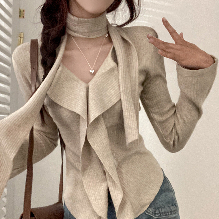 [연말룩강추/허얇골넓!] 아펠 러플 머플러 set 트임 골지 니트 베이지