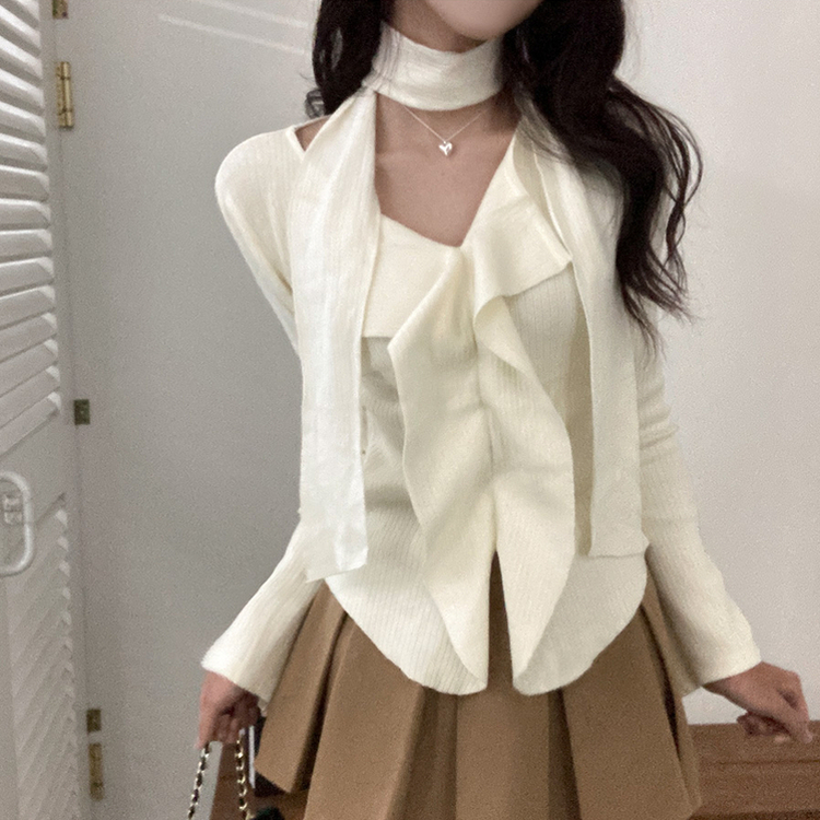 [연말룩강추/허얇골넓!] 아펠 러플 머플러 set 트임 골지 니트 아이보리