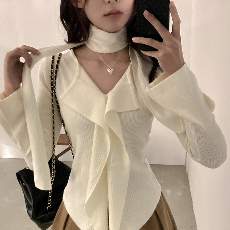 [연말룩강추/허얇골넓!] 아펠 러플 머플러 set 트임 골지 니트 아이보리