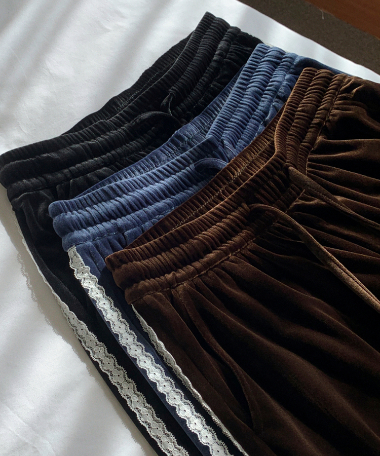 （抜け感×甘辛MIX♥）   レース付き ベロア ジョガーパンツ