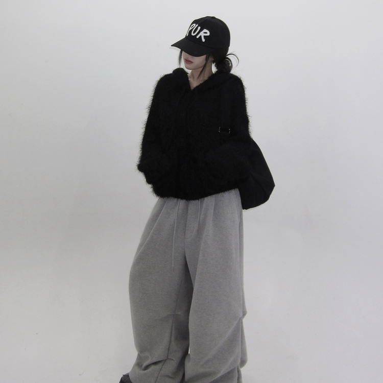 비엔 솔잎 후드 가디건 블랙