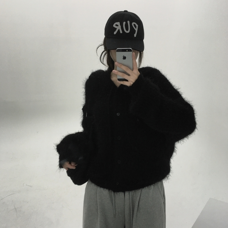 비엔 솔잎 후드 가디건 블랙