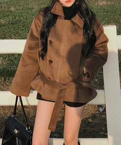 ボタンハイネックダブルウールコート BROWN