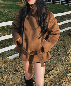 ボタンハイネックダブルウールコート BROWN