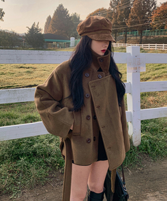 ボタンハイネックダブルウールコート BROWN