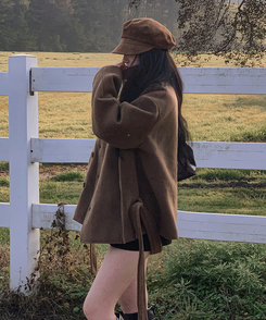 ボタンハイネックダブルウールコート BROWN