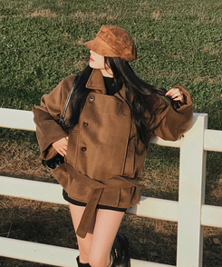 ボタンハイネックダブルウールコート BROWN