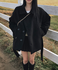 ボタンハイネックダブルウールコート BLACK