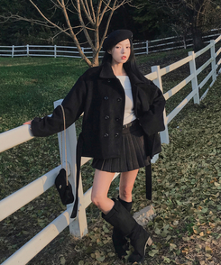 ボタンハイネックダブルウールコート BLACK