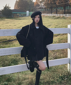 ボタンハイネックダブルウールコート BLACK