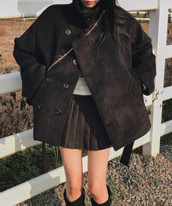 ボタンハイネックダブルウールコート BLACK