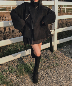 ボタンハイネックダブルウールコート BLACK