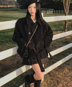 ボタンハイネックダブルウールコート BLACK