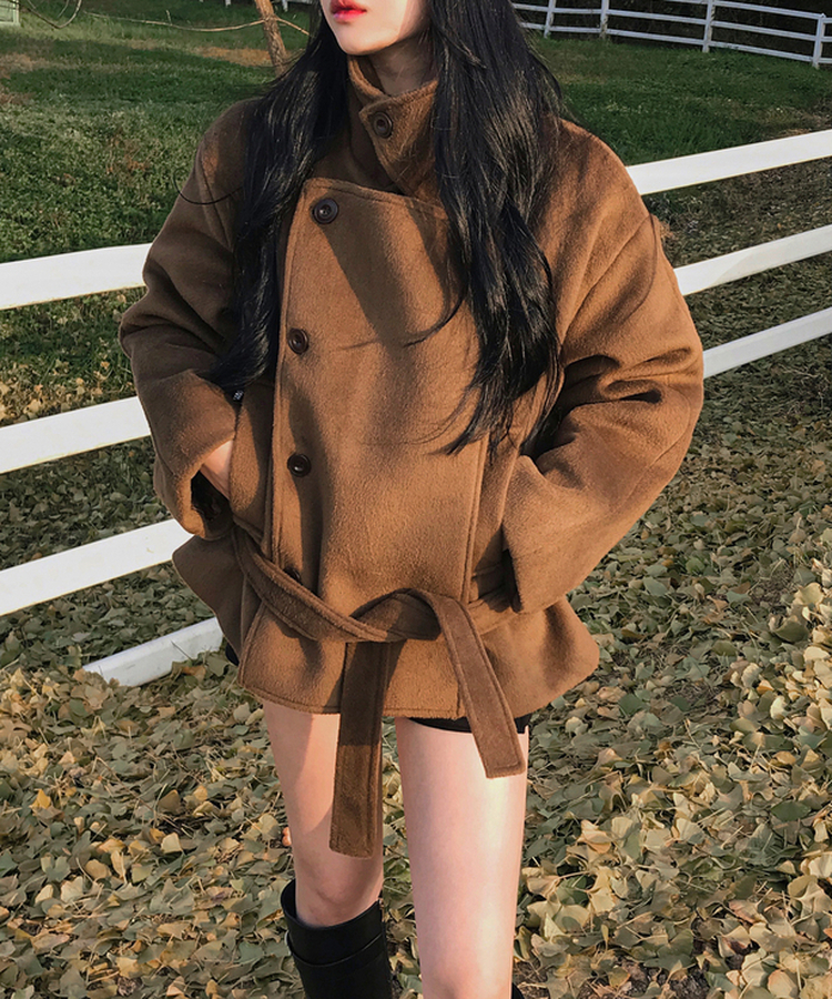 ボタンハイネックダブルウールコート BROWN