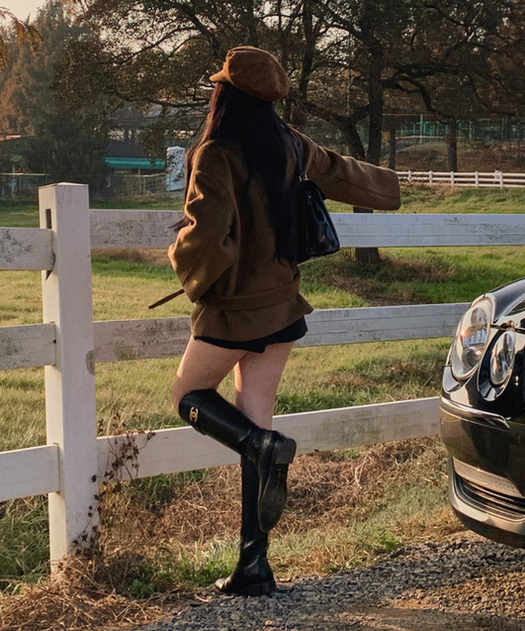 ボタンハイネックダブルウールコート BROWN