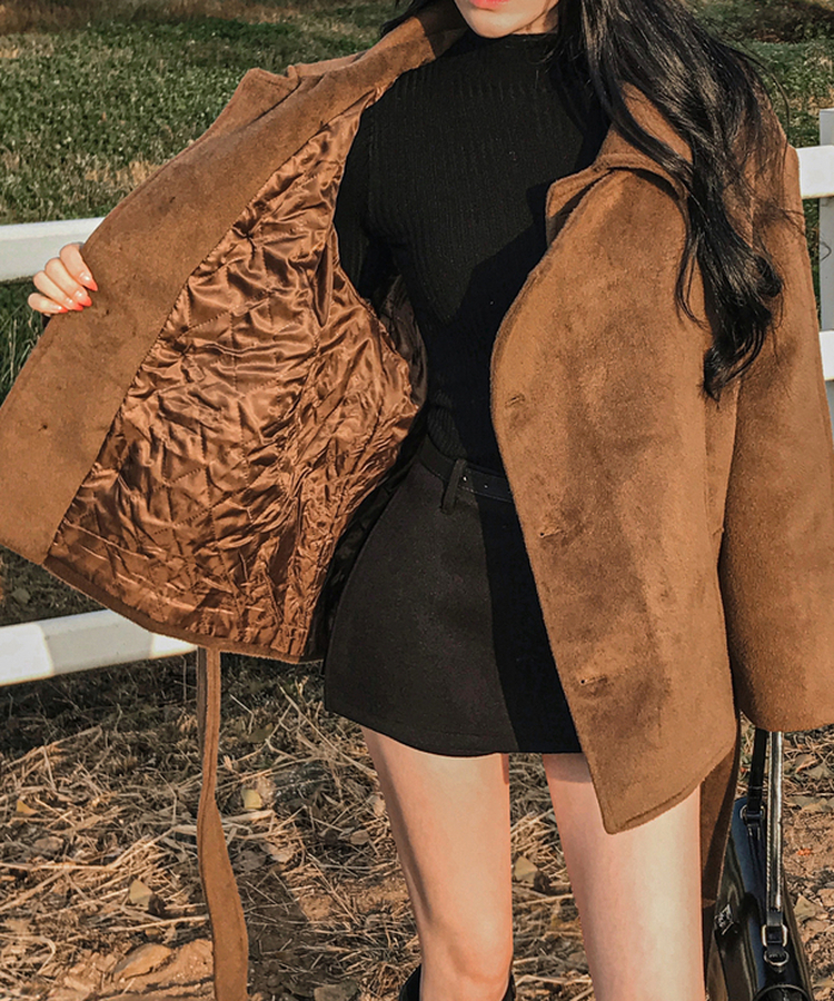 ボタンハイネックダブルウールコート BROWN
