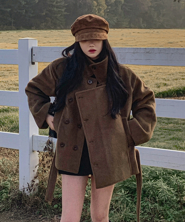 ボタンハイネックダブルウールコート BROWN