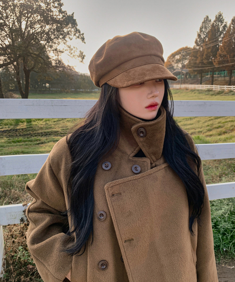 ボタンハイネックダブルウールコート BROWN