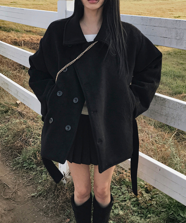 ボタンハイネックダブルウールコート BLACK