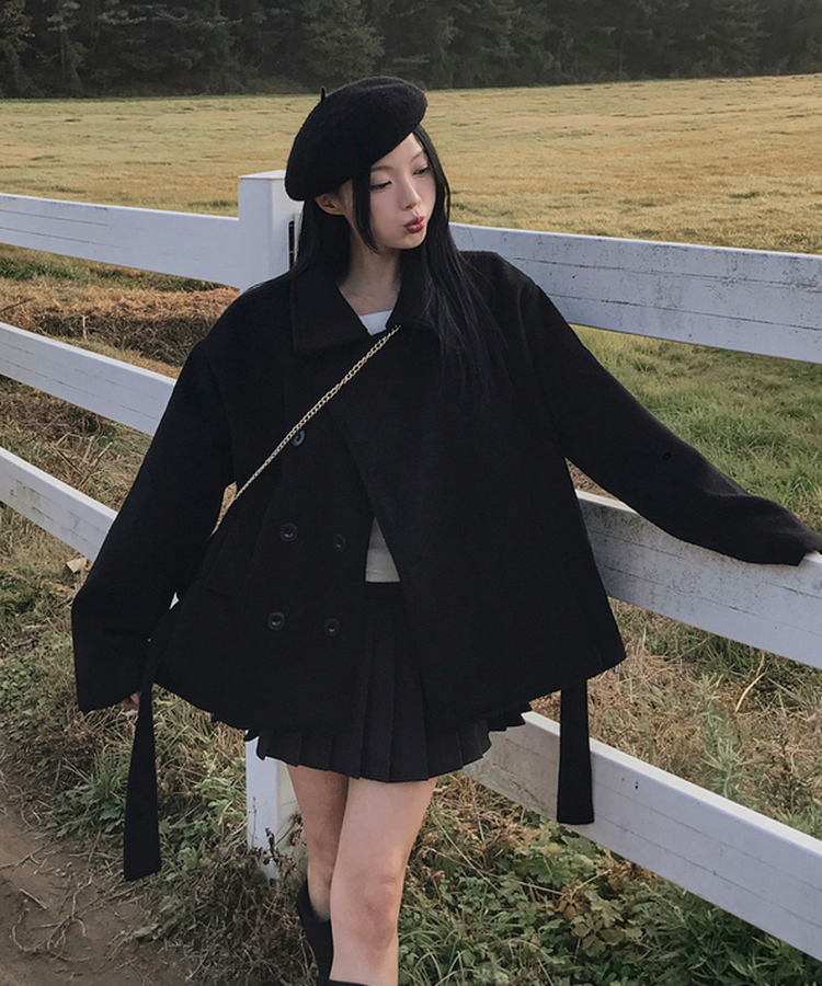 ボタンハイネックダブルウールコート BLACK