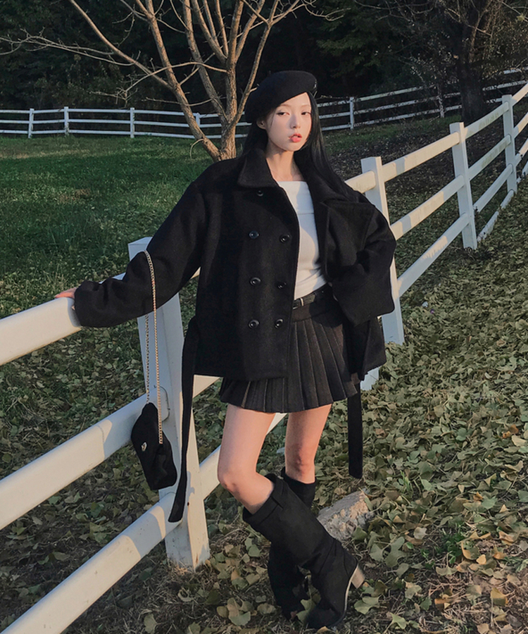 ボタンハイネックダブルウールコート BLACK