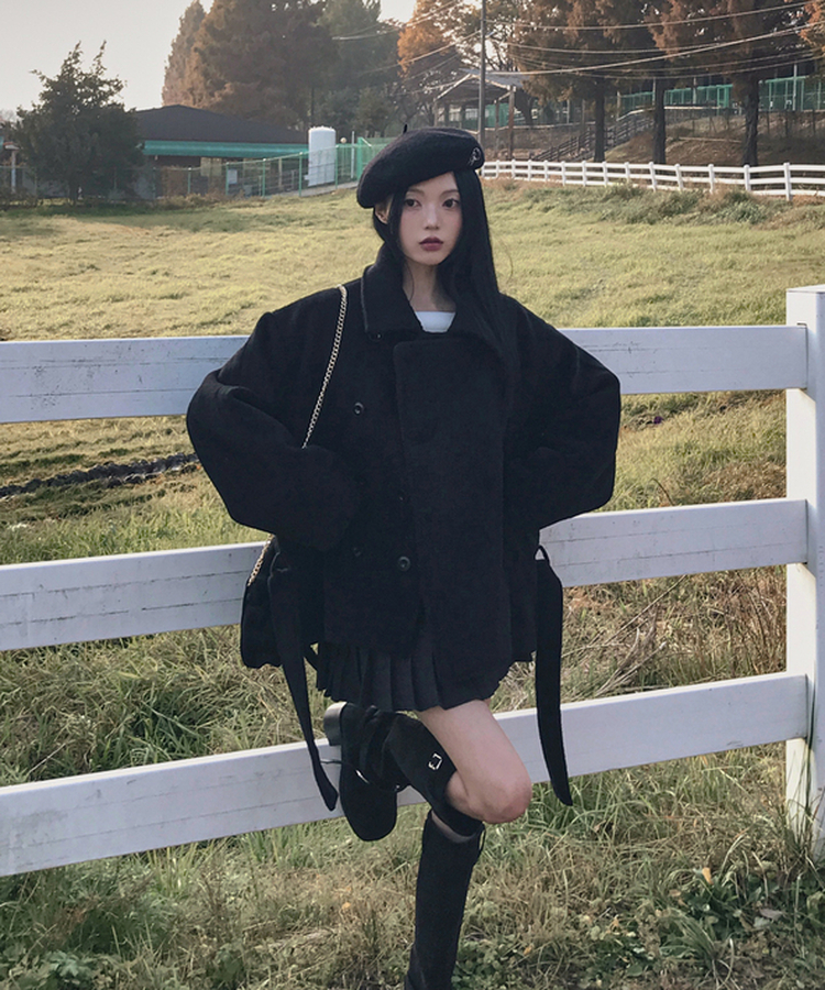 ボタンハイネックダブルウールコート BLACK