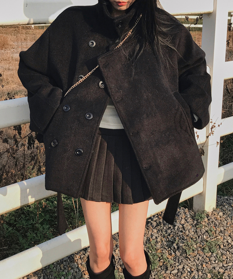 ボタンハイネックダブルウールコート BLACK