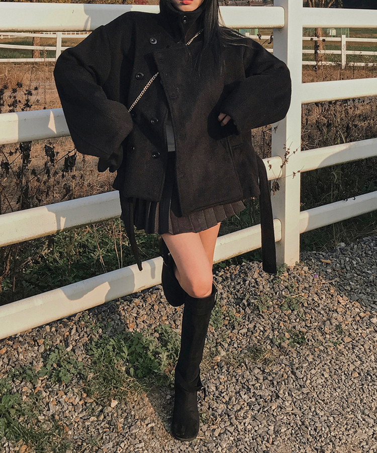 ボタンハイネックダブルウールコート BLACK