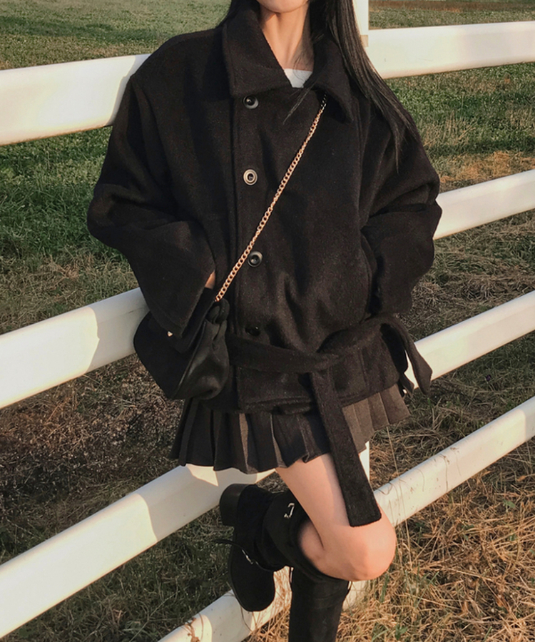 ボタンハイネックダブルウールコート BLACK