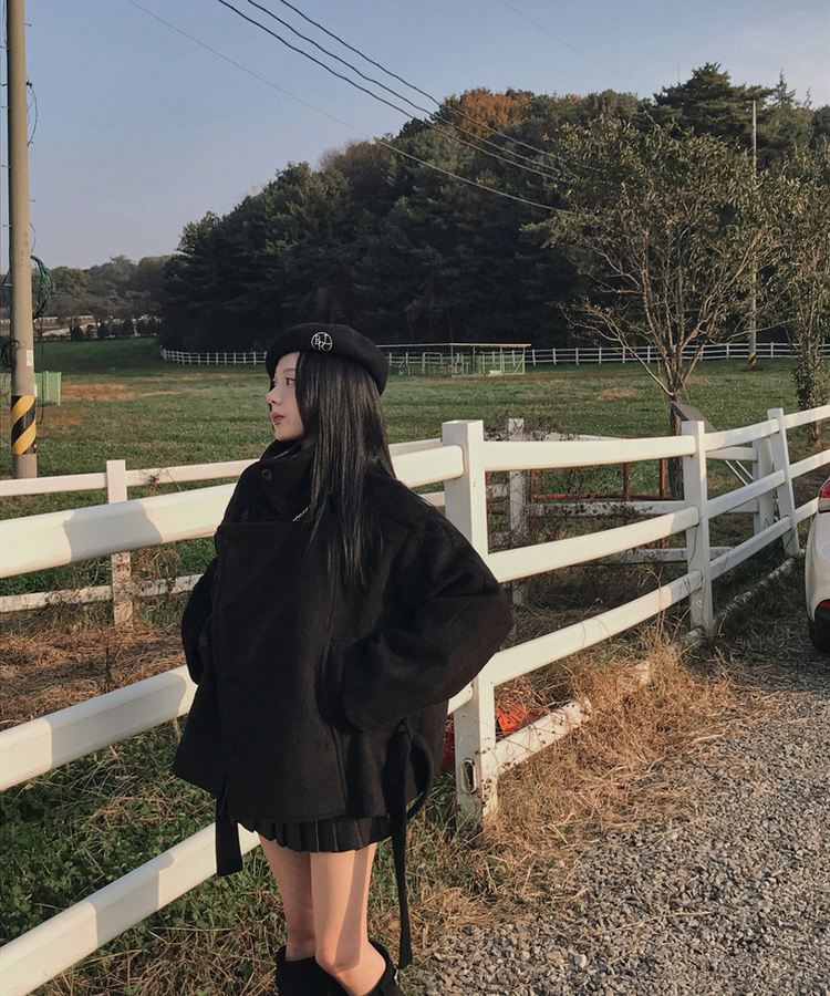 ボタンハイネックダブルウールコート BLACK