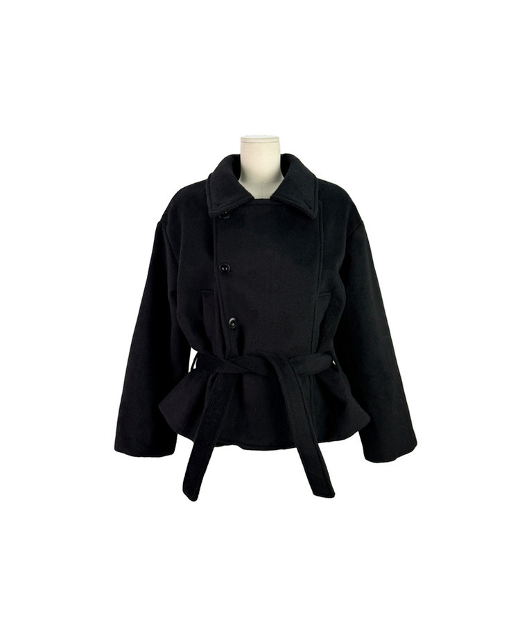 ボタンハイネックダブルウールコート