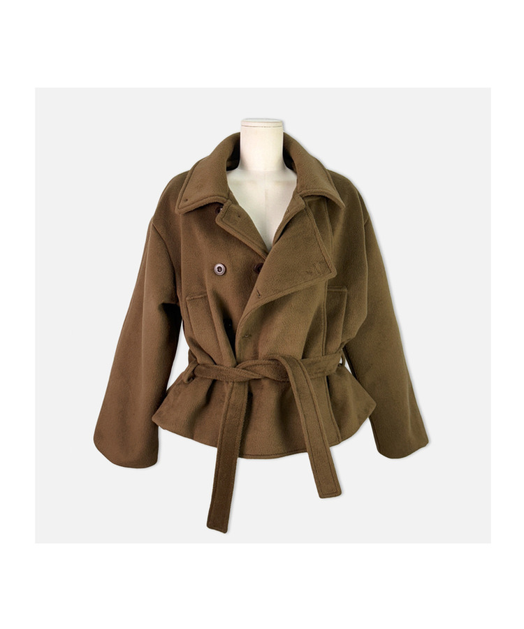 ボタンハイネックダブルウールコート