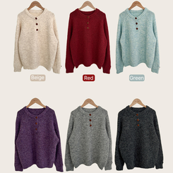 ボカシヘンリーネックボタンニット(6color)