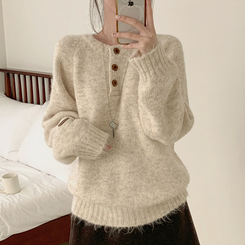 ボカシヘンリーネックボタンニット(6color) BEIGE