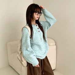 ボカシヘンリーネックボタンニット(6color) GREEN