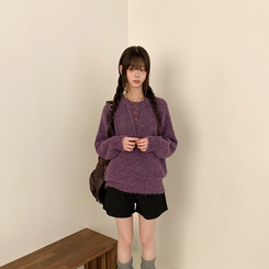 ボカシヘンリーネックボタンニット(6color) PURPLE