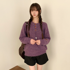 ボカシヘンリーネックボタンニット(6color) PURPLE